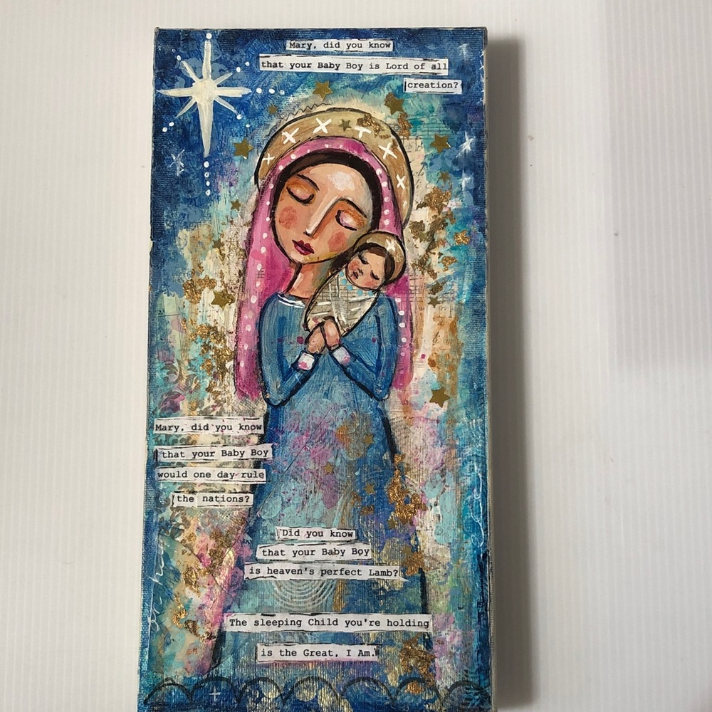 Original Handpainted Madonna & Child Mixed Media Canvas -Whimsical folk art